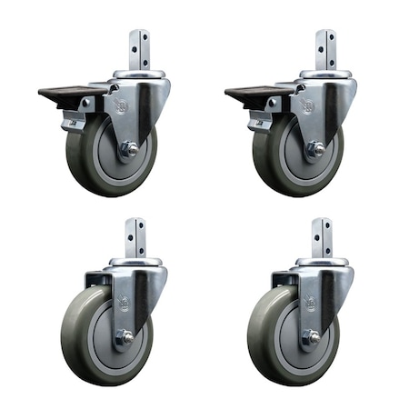 Service Caster 4'' Gray Polyurethane Wheel Swivel 7/8'' Square Stem Caster Set 2 Brakes, 4PK SCC-SQ20S414-PPUB-GRY-PLB-78-2-S-2